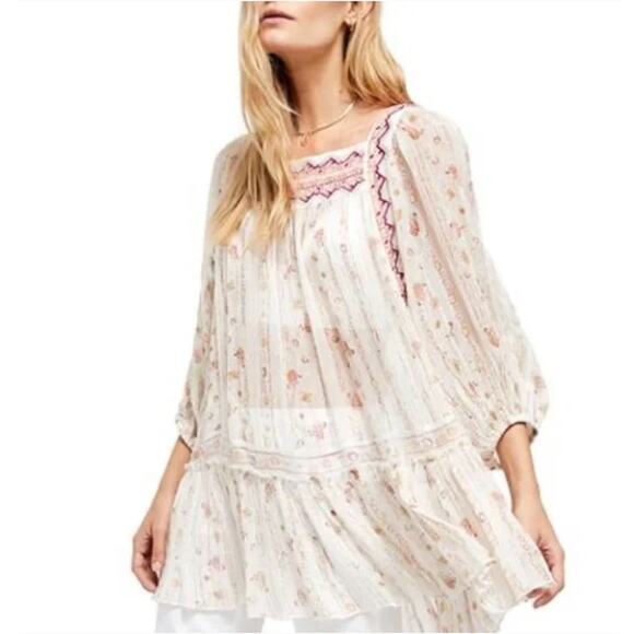 Free People Dance Magic Tunic Top Sheer Embroidered Metallic Thread Floral XS - Picture 2 of 7